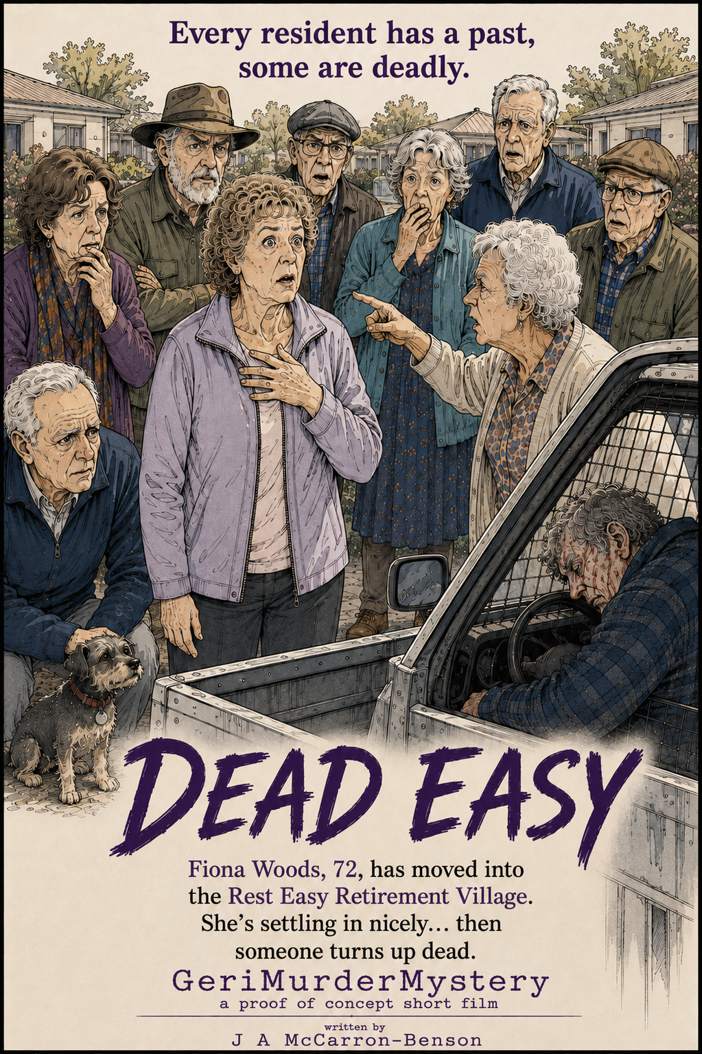 Dead Easy illustrated film poster featuring the residents of Rest Easy Retirement Village